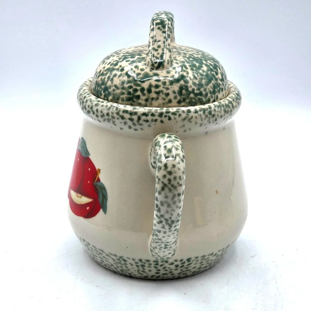 Vintage 1996 Tender Heart Treasures Ceramic Teapot Red Apples & Green Spongeware